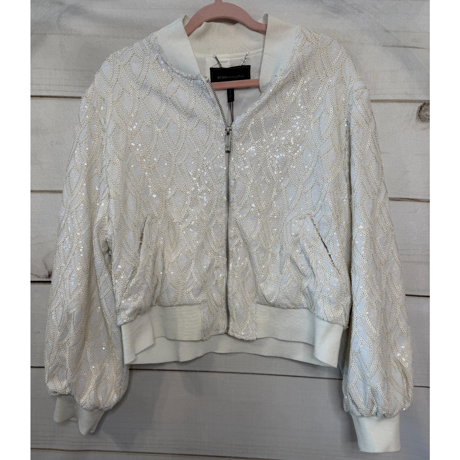 Bcbg Nwt L White Sequin Zip Up Jacket "Bella" Party Flirty Fun Unique Chic $268